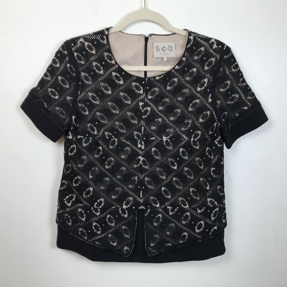 SEA New York 6 Black Lace Cream shirt dressy or casual crossover front A